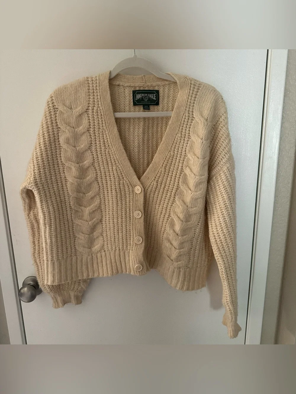 American Eagle Outfitters Cream Cable Knit Button-Front Sweater